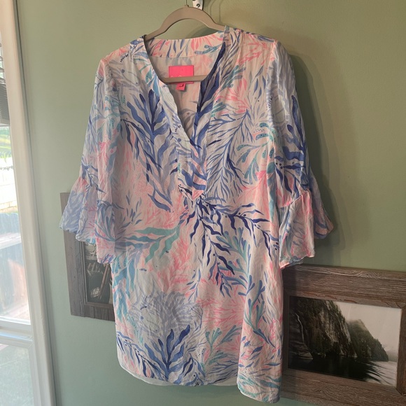 HP 9/22 🎉🎊 Lightly worn Lilly Pulitzer pink & blue corral print silk dress - Picture 4 of 10